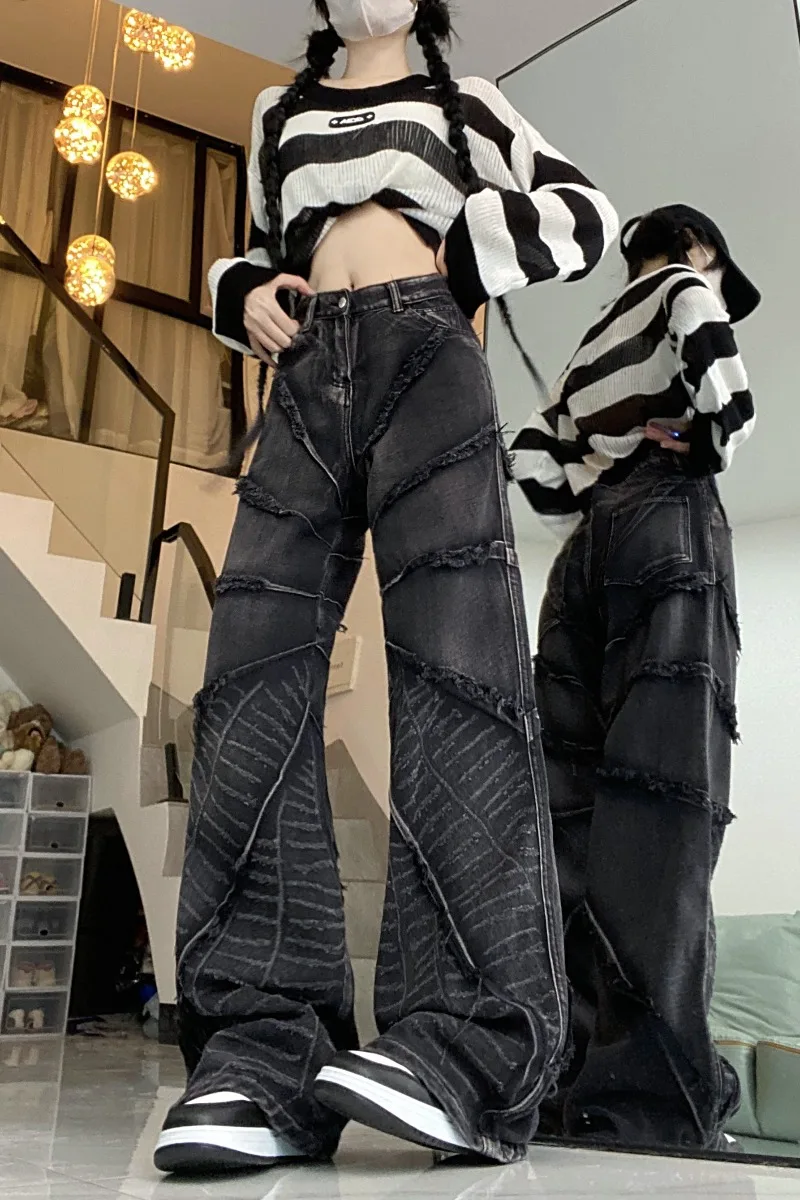 Women Jeans Style Distressed Washed Straight Wide Leg Jeans For Women's Autumn High Waist Rough Edge Design Micro Flared Pants