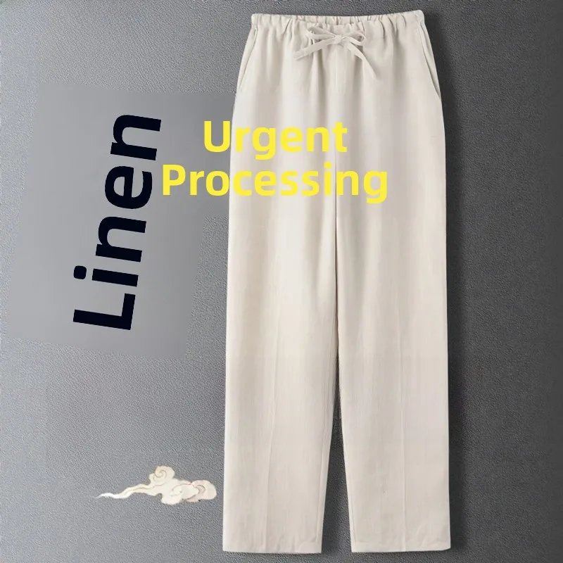 

Мужские повседневные брюки из чистого льна, летние тонкие свободные прямые брюки с эластичной резинкой на талии, крутые длинные брюки, удобная дышащая одежда