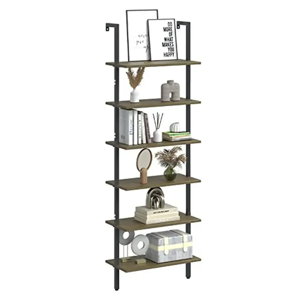 6 Tiers Modern Industrial Wall Mount Bookshelf Organizer with Metal Frame Tall Standing Leaning Shelves Collection Display and