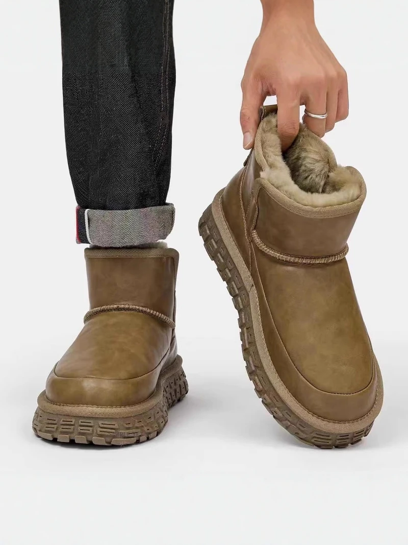 Northeast Men's Winter Snow Boots Fleece Lined Warm Mid-Calf Waterproof Leather Surface One-Step on Cotton Shoes Bread Style