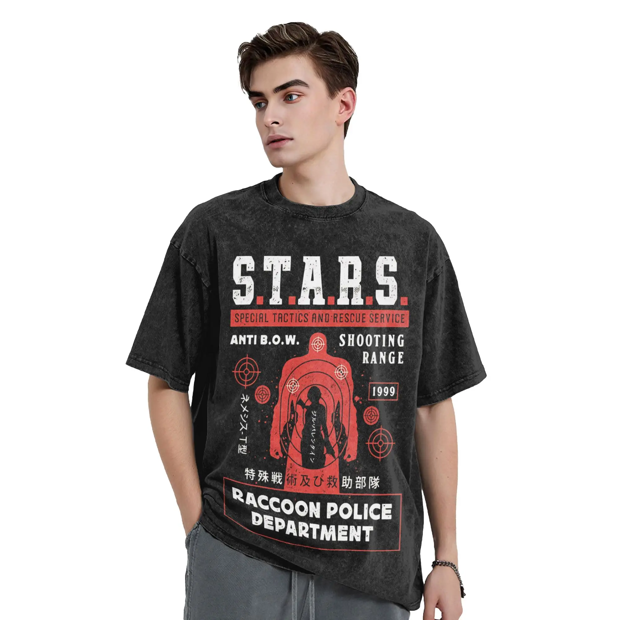 Raccoon City Shooting Range Men's T Shirt Washed  Funny Tee Shirt Short Sleeve Round Neck T-Shirts 100% Cotton Graphic Clothing
