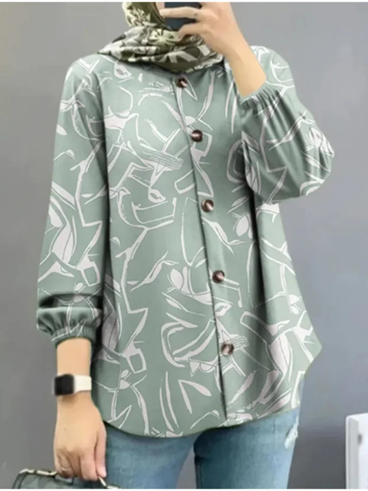 GELITAYIN Round Neck Button Up Bubble Long Sleeved Floral Printed Shirt Women's High Street Fashion Elegance Daily Autumn Top