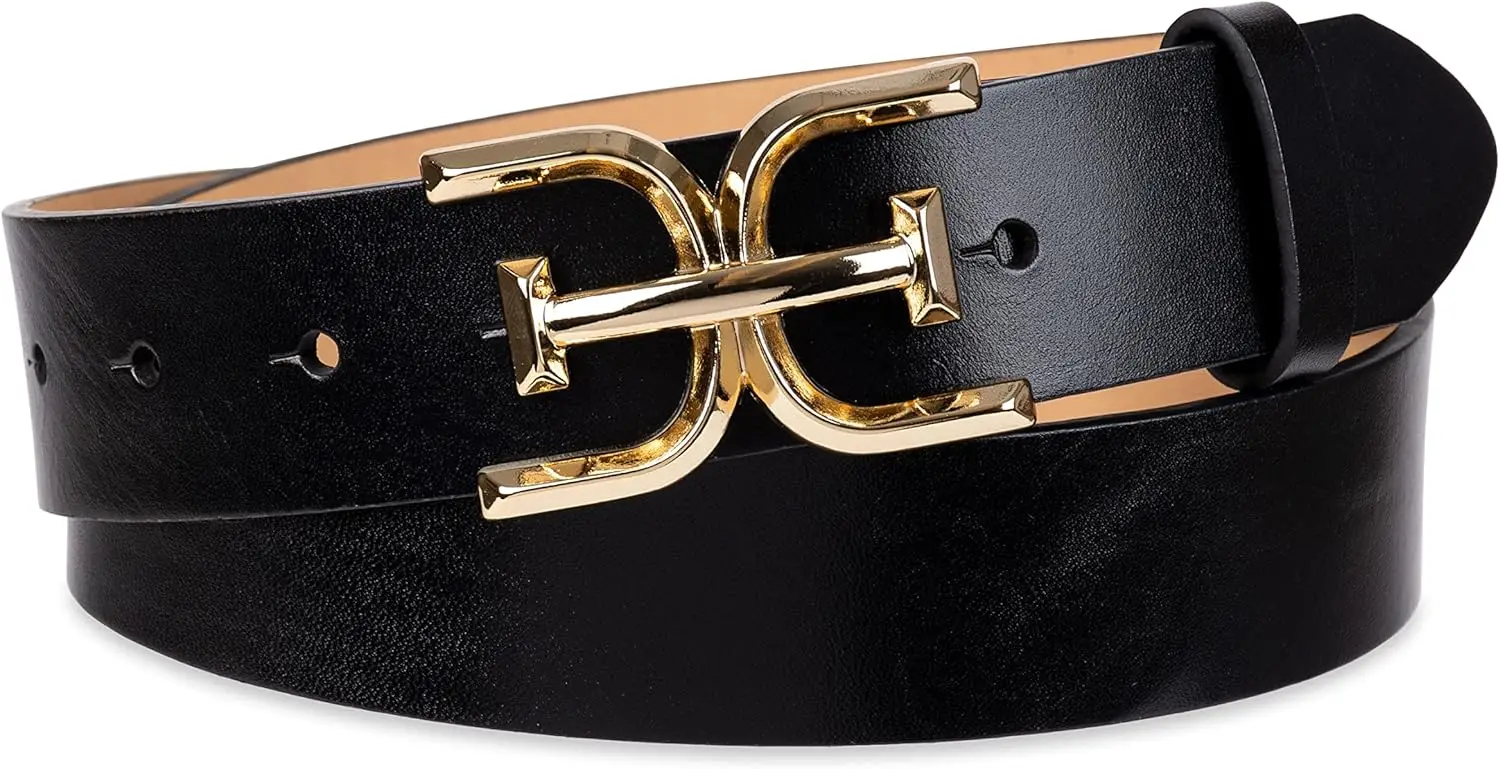 Women's Casual Double-E Logo Plaque Buckle Leather Belt for Jeans and Trousers, Stylish Accessory