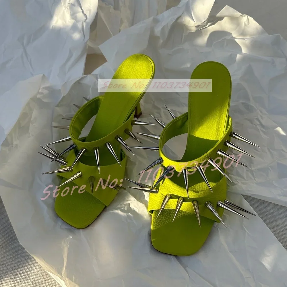 Green Metal Rivets Square Toe Slippers Lady Punk Patent Leather Thin High Heels Mules Female Fashion Nifty Chic Leopard Slippers