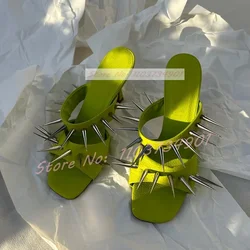 Green Metal Rivets Square Toe Slippers Lady Punk Patent Leather Thin High Heels Mules Female Fashion Nifty Chic Leopard Slippers
