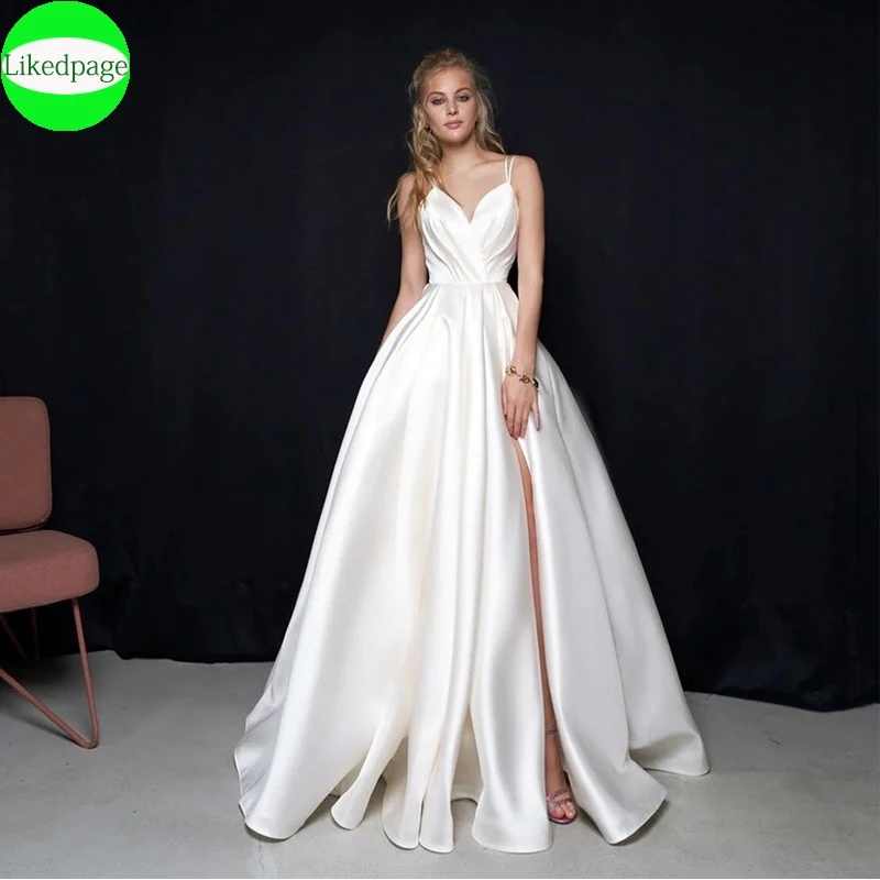 

Soft Satin Spaghetti Straps Wedding Dresses For Women2024 Vestidos De Novia Side Split With Pockets A-Line Suknia Ślubna Mariée