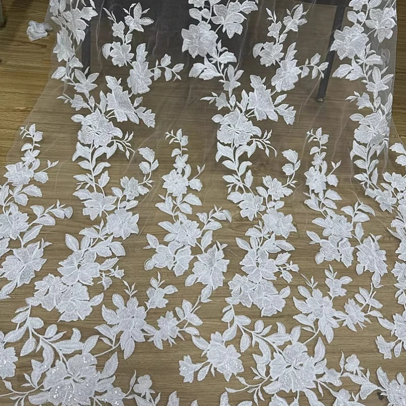

Large Flower Embroidery Sequin Lace Mesh Fabric for Wedding Dress Skirt See Through Gauze Cloth Diy Per Meter Sewing Material