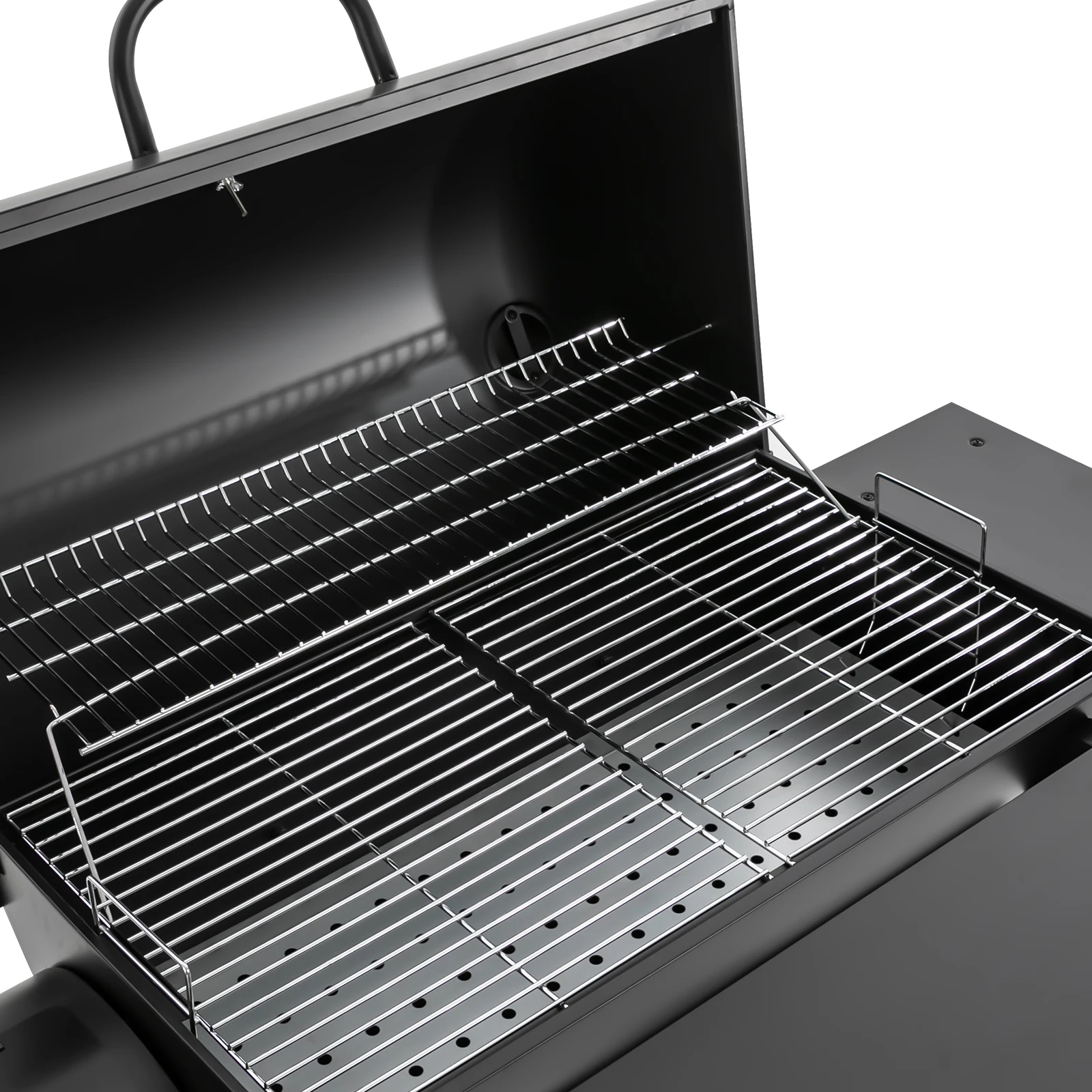 Großer schwarzer Holzkohlegrill mit Seitentischen, 4-6 Personen Outdoor-Grill mit Thermometer & Rädern, robuster tragbarer Holzkohlegrill für Garten, Camping und Picknick (Schwarz) – Detail 11