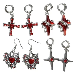 Goth Jewelry Red Star Chain Cross Earrings Red Crystal Spider Earrings Accessorie Punk Charm Heart Cross Earrings Korean Fashion