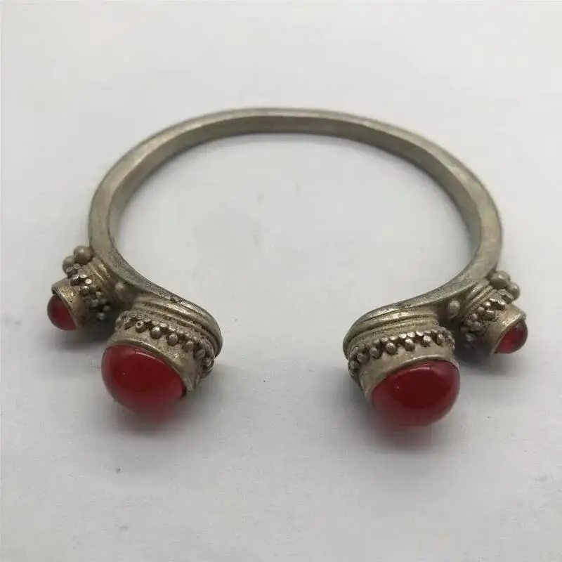 Handmade Tibetan Silver Cuff Bracelet Inlaid Red Gemstone Ethnic Vintage Open Bangle Collectible Jewelry Gift
