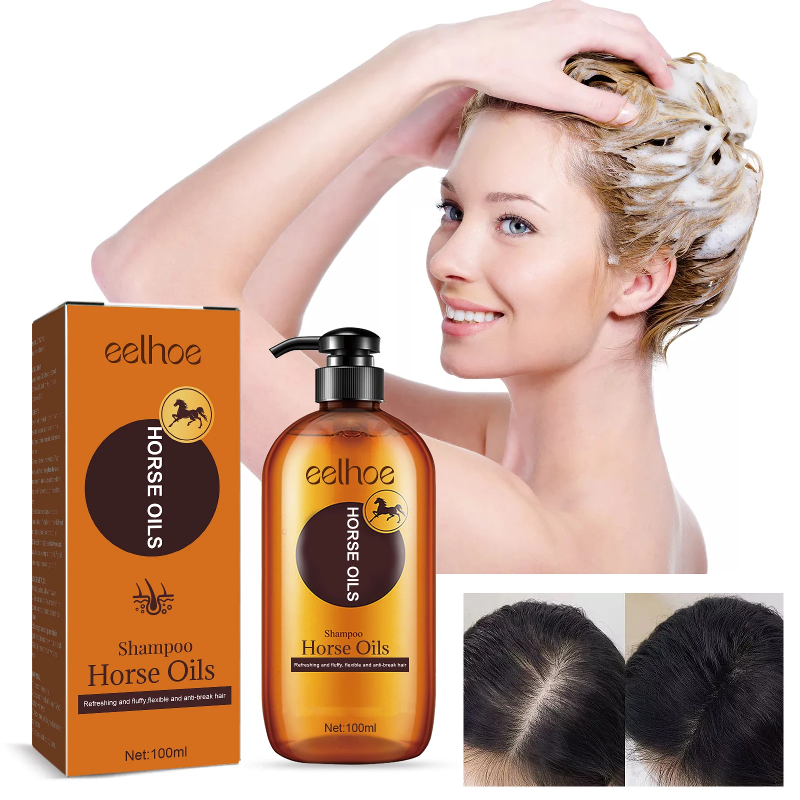 Eelhoe Horse Oil Shampoo, cabelos macios, limpeza profunda, Caspa Nutritivo, Controle do óleo do couro cabeludo, Hidratante Cabelo Condicionador