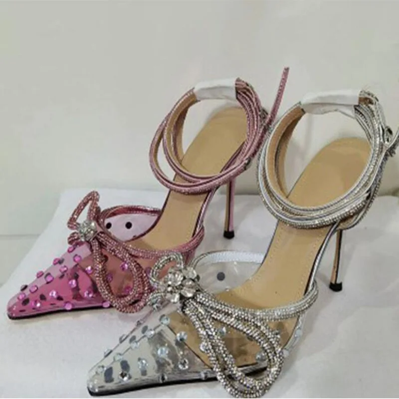 

Clear PVC Crystal Bowtie Pointy Toe Pumps Ankle Cross Strap High Heel Wedding Shoes Bride Blue Pink Banquet Shoes Size 43