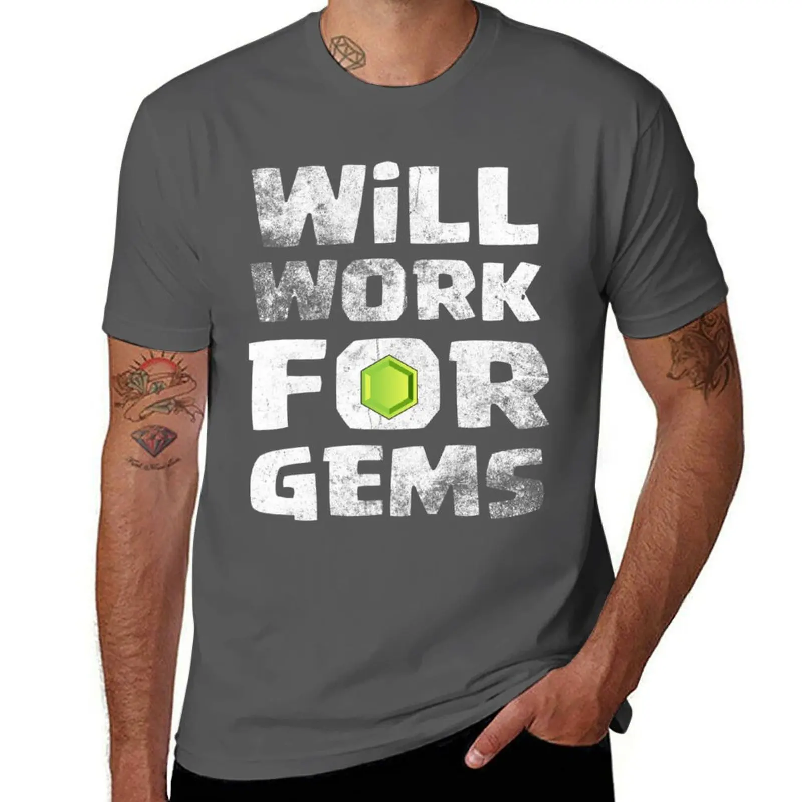 Will Work For Gems Funny Gift T-Shirt Running Gym Short Sleeve Sports Tee