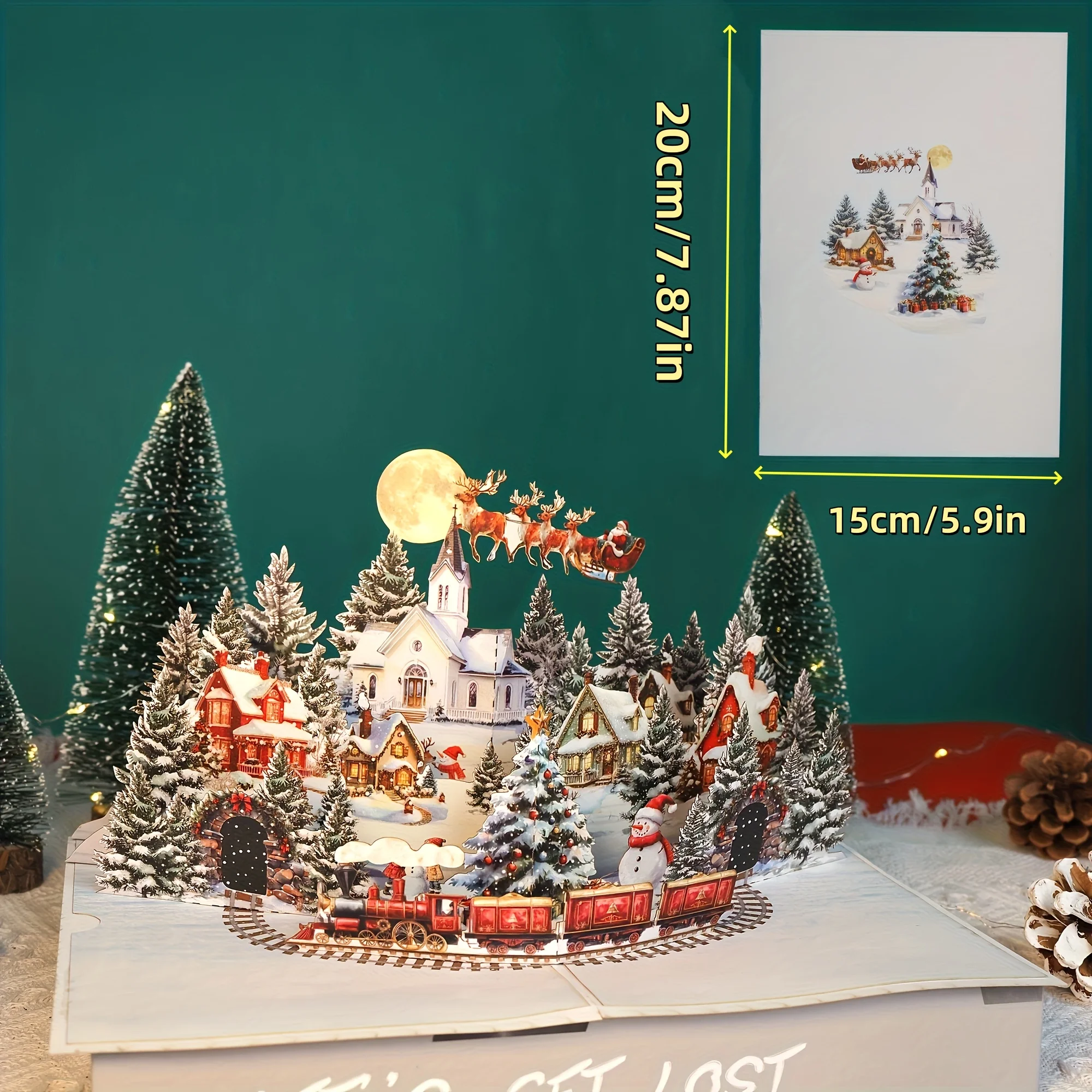 

3D Pop-Up Christmas Card with Santa & Reindeer-Festive Snowy Village Holiday Greeting Card for Family & Friends (Moonlit Design)