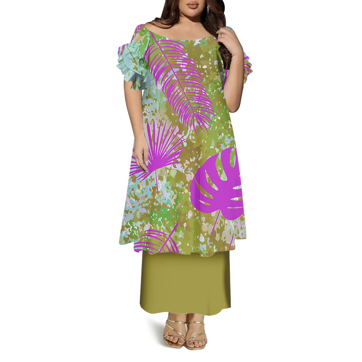 Puletasi moda em torno do pescoço manga borboleta vestido solto de verão feminino polinésia vestido de camada dupla feito sob encomenda