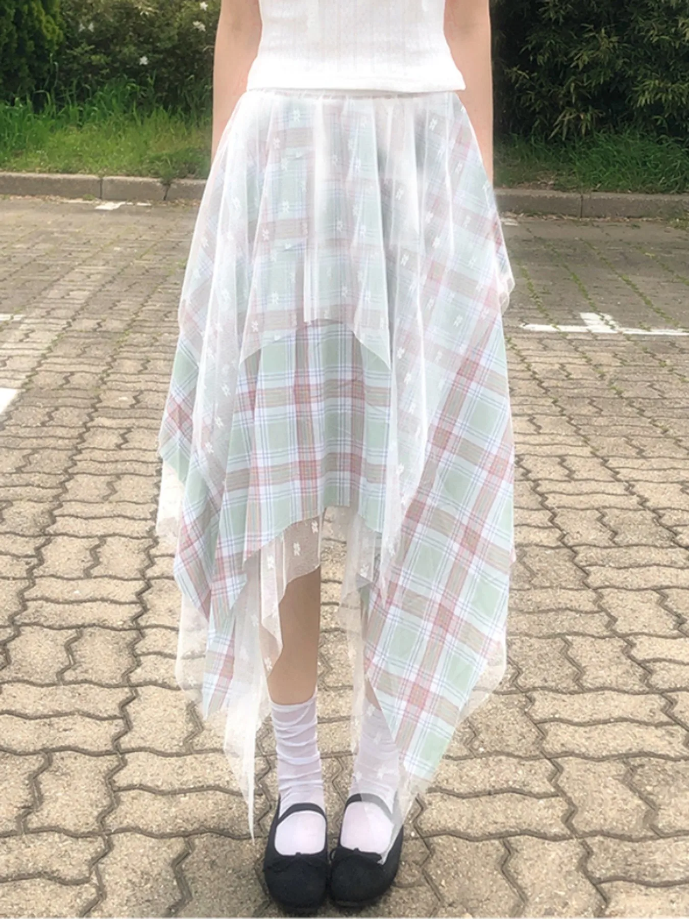

Sweetown Fashion Plaid Prints Irregular Lace Spliced Skirts Summer Sweet Design Athleisure Women Chic Skirts