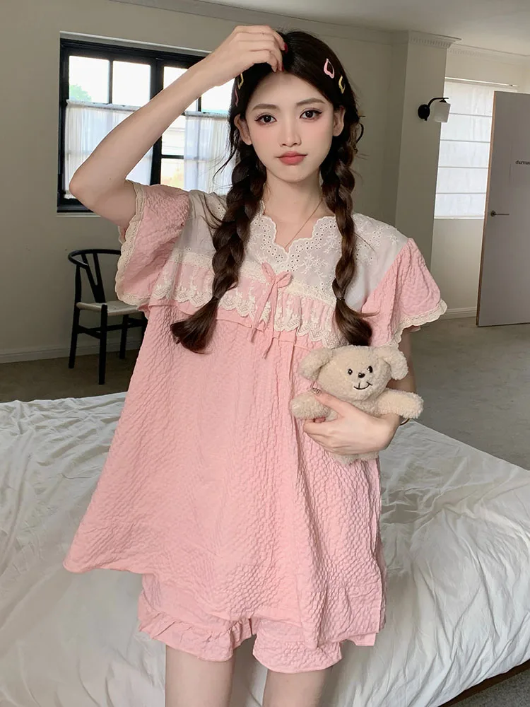 Summer Thin Pajamas For Women 2024 New Short Sleeves Shorts 2Pcs Female Home Sleepwear Sets Lace Ruffles Pullover Nightgown