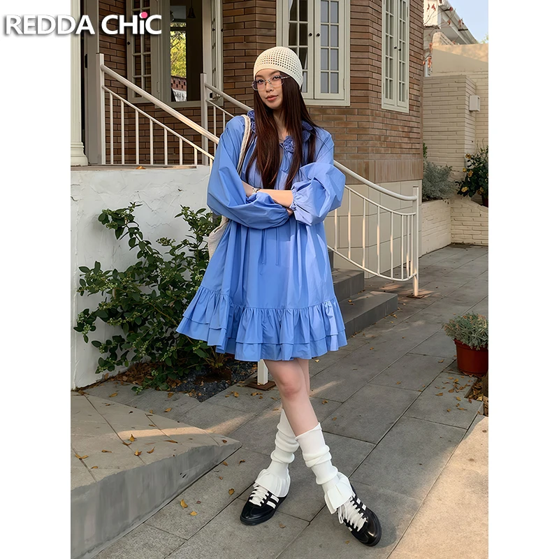 

ReddaChic Babydoll Ruffle Hem Women Mini Dress V-neck Tie Up Lantern Long Sleeve 3D Floral Decor Sundress Casual Holiday Clothes