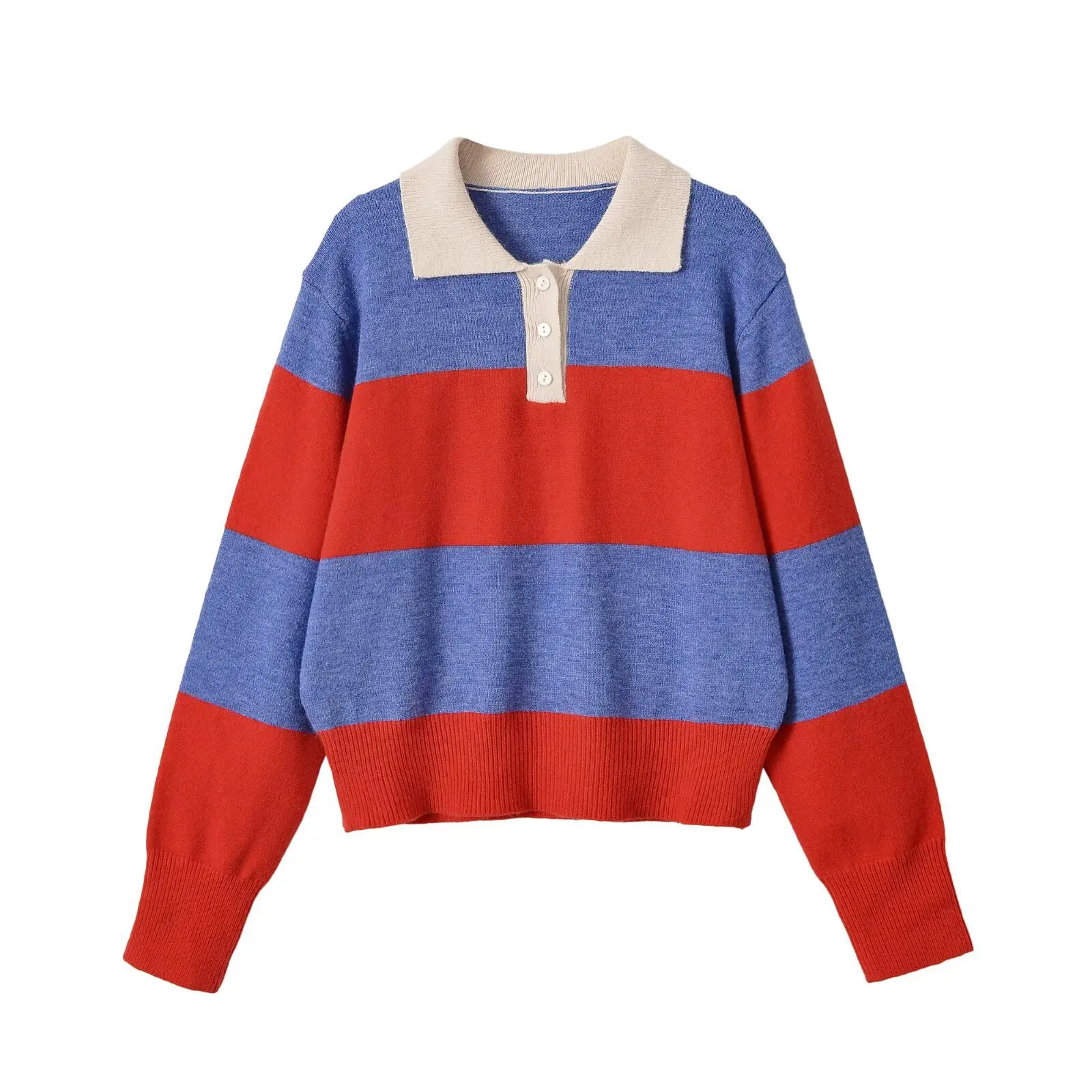 Maxdutti South French Retro Striped Women's Sweaters And Pullovers Woman Clothes Long Sleeved Striped Shoulder Pad Polo Shirt