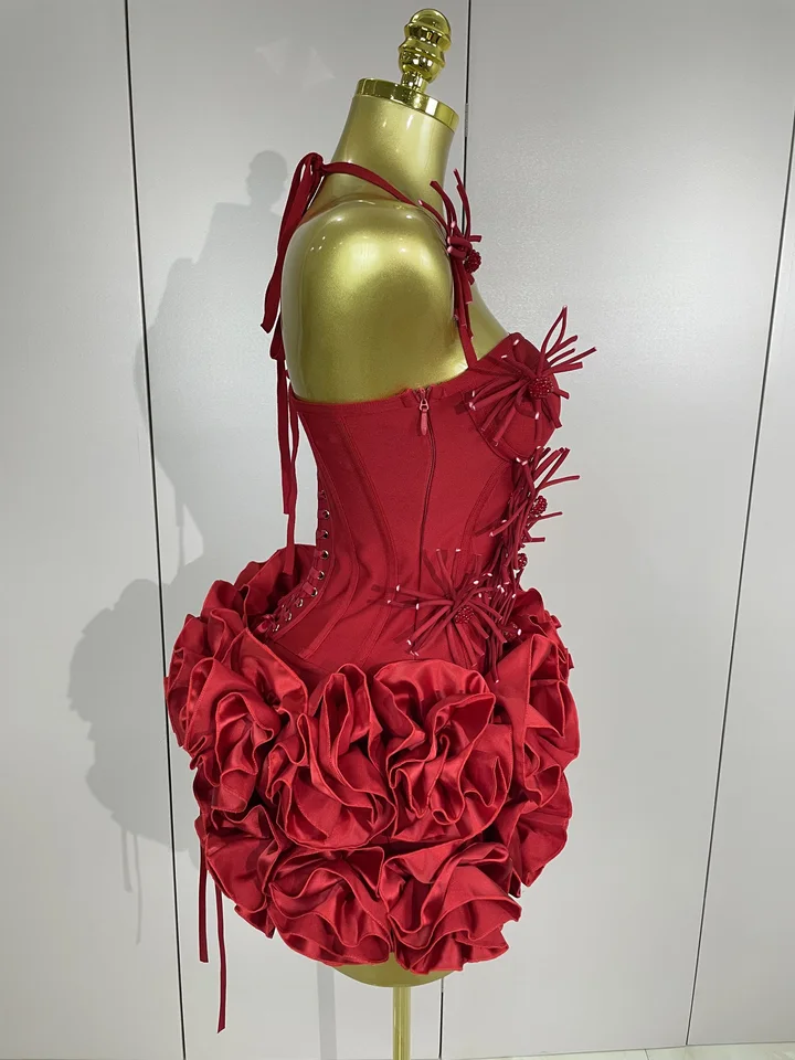 Vestido de Gala Halter Sexy para Mujer, Conjunto de Dos Piezas Elegante para Fiesta, Outfit de Venda Rojo y Negro para Cumpleaños 4