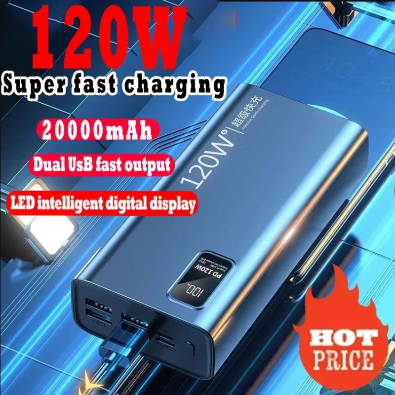 120W super fast charging 20000 mAh power bank with 100% sufficient capacity for mobile power supply for various mobile phones