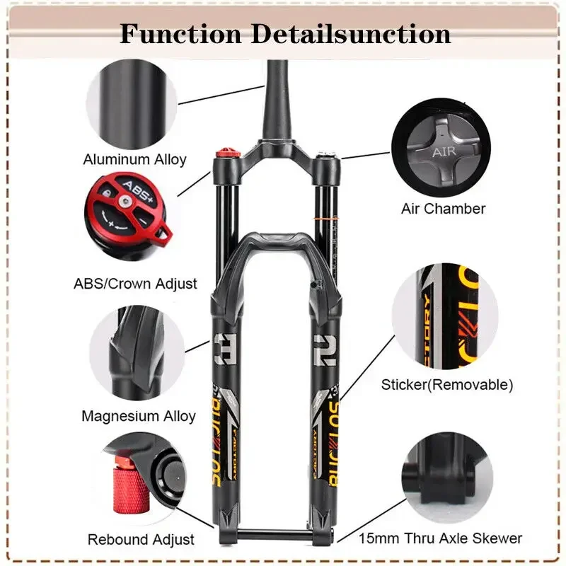 BUCKKub-Fourche de vélo à suspension pneumatique VTT, pièces de vélo, frein à disque, appellation traversant, rebond de voyage, 26/27 