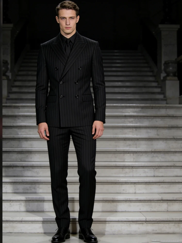 

2 Piece Chic Pinstripe Business Men Suits Set High-Quality Formal Double Breasted Peak Lapel Suit Slim Fit Smart Casual Tuxedo