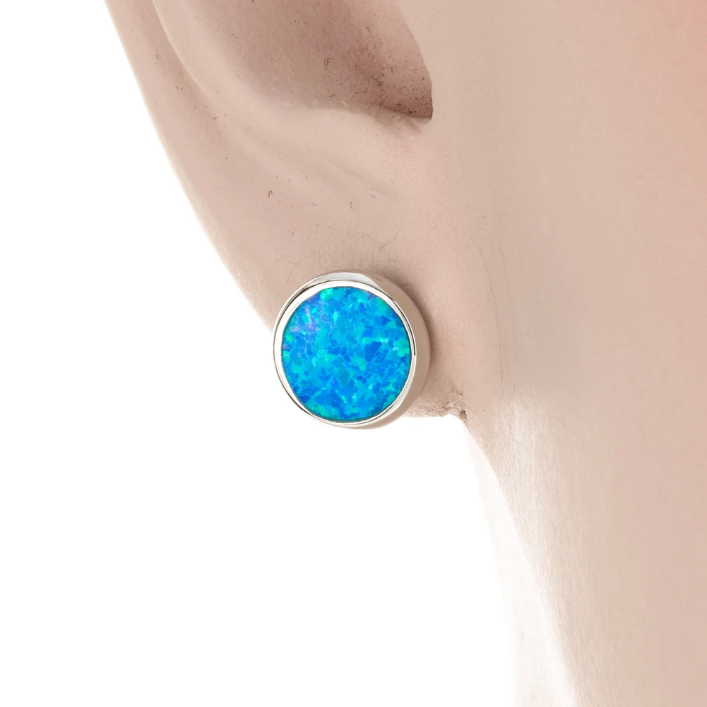 KONGMOON Round Ocean Blue Fire Opal Jewelry for Women Piercing Stud Earrings