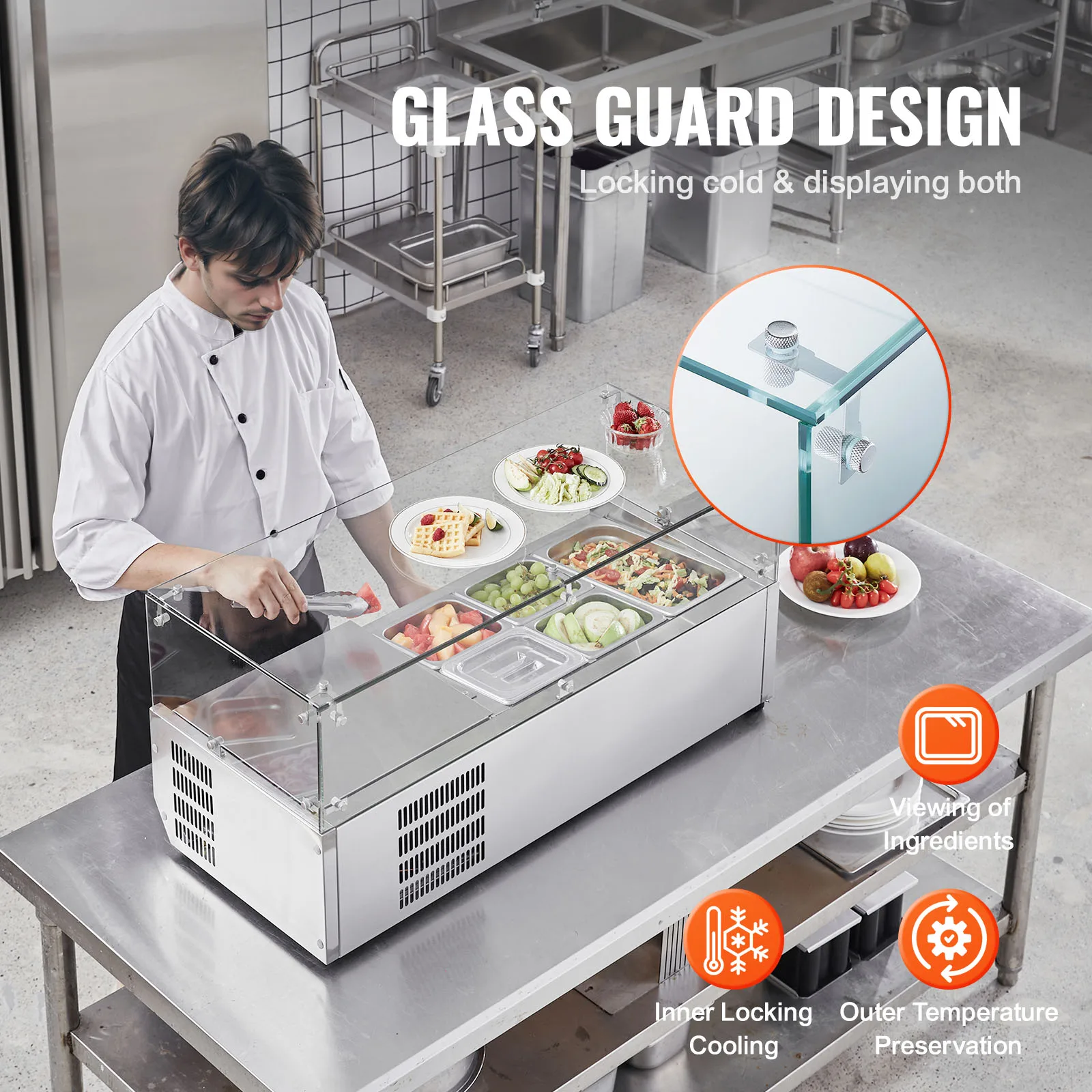 VEVOR Refrigerated Condiment Prep Station 130W with 1 1/3 Pan & 4 1/6 Pans 304 Stainless Body and PC Lid with Glass Guard ETL