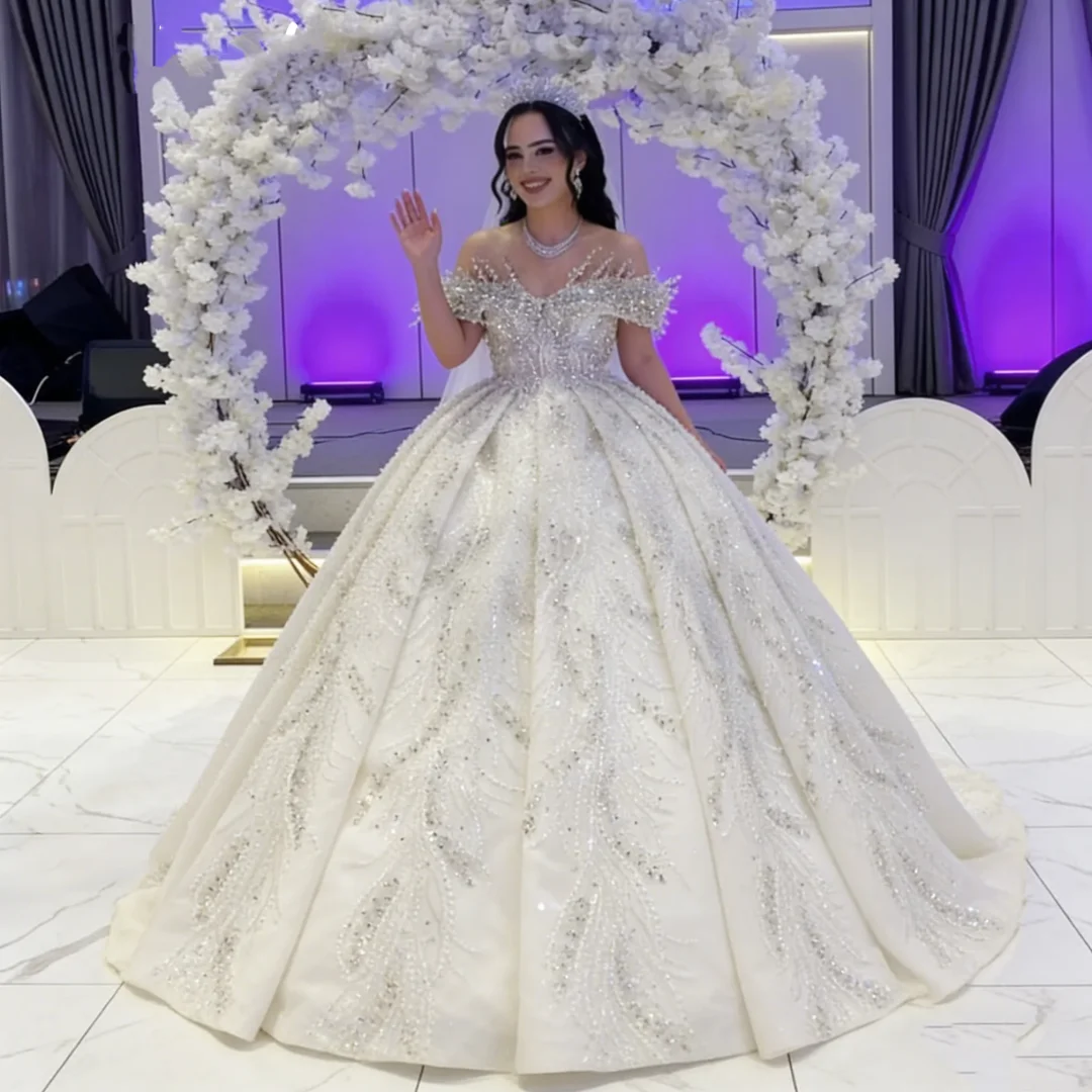 

Роскошное свадебное платье с открытыми плечами, расшитое кристаллами и бисером, блестящее, А-силуэта, для невесты, для свадебной вечеринки, в стиле принцессы, на заказ