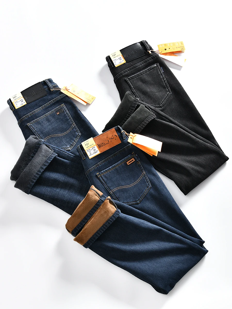 

Warm Thickened Fleece Lined Straight Leg Jeans Men's Winter Fashion Washed Denim Pants Youth Popular Cotton Stretch Fabric