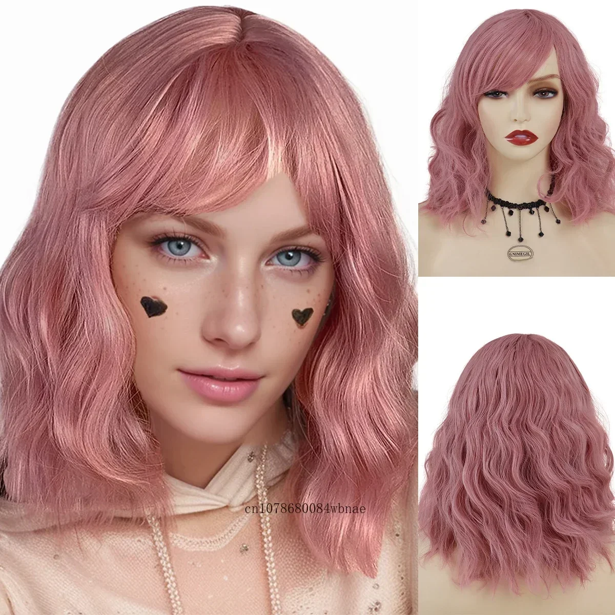 

Medium Length Pink Synthetic Hair Wig for Women Curly Wavy Bob Cosplay Wigs with Bangs Cute Water Wave Lolita Halloween Party