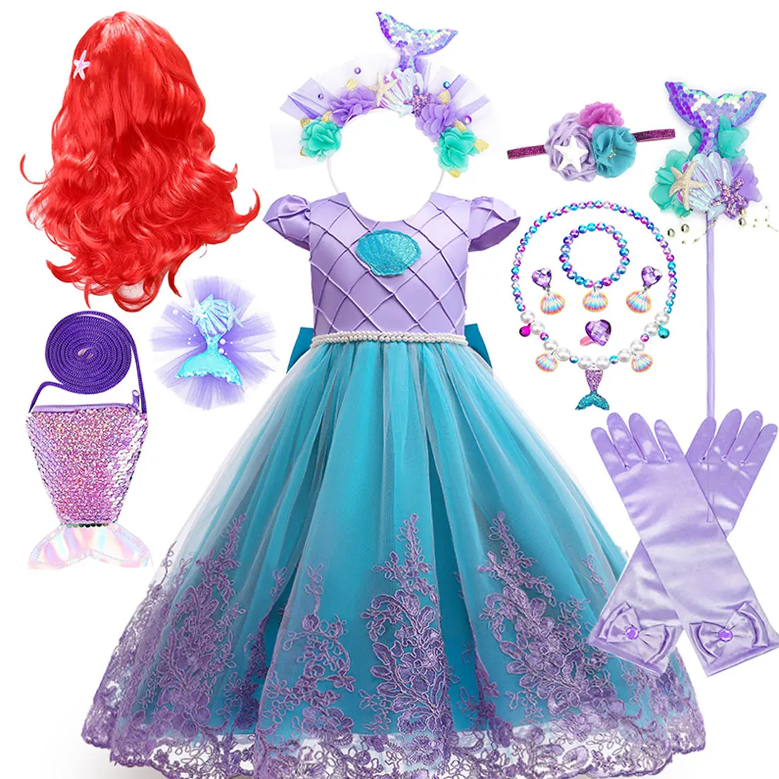 

Фиолетовое пышное платье с короткими рукавами в стиле русалки Диснея для девочек, классический костюм принцессы-русалки для косплея, подарочный комплект платьев на день рождения