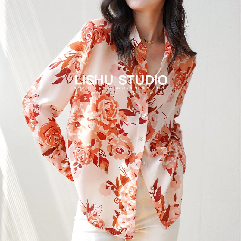 Women Korean Fashion Floral Print Minimalist Shirts Elegant Chic Lapel Commute Blouses Casual Long Sleeve Loose Tunic Tops Blusa