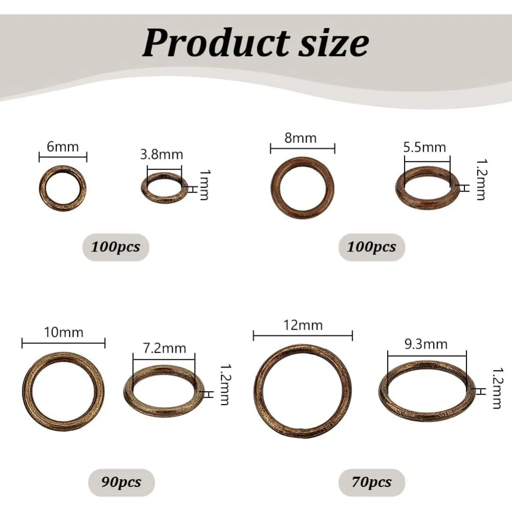 폐쇄 점프 링 황동 납땜 점프 링, 앤티크 청동 라운드 체인 메일 제작 키트, 16 ~ 18 게이지, 6mm, 8mm, 10mm, 12mm, 360 개