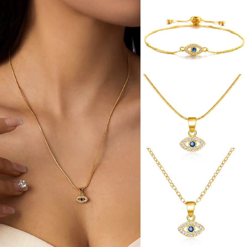 

Stainless Steel Evil Eye Necklace Women Rhinestone Blue Eye Bracelet Clavicle Chain Snake Bone Chain Necklace Wedding Jewelry
