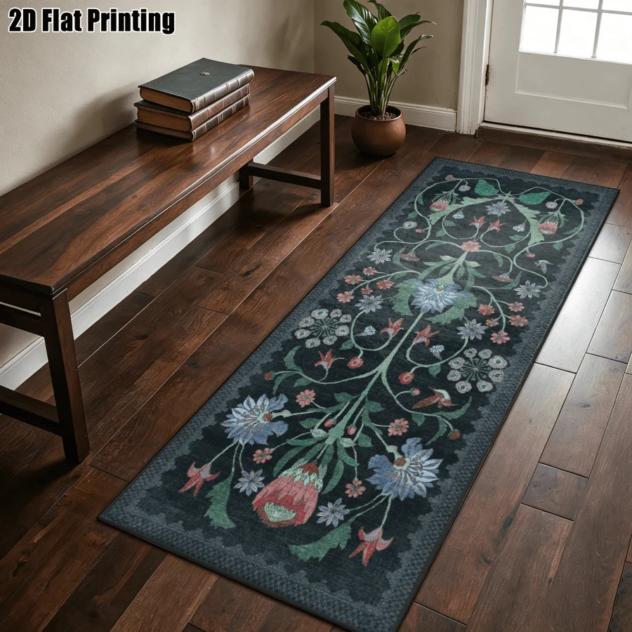 1Pc American Retro Floral Pattern Printed Long Carpet, Bohemian Style Corridor Carpet, Suitable for Bedroom, Living Room, Entrance, Bathroom, Bedside, Warm Home Decoration