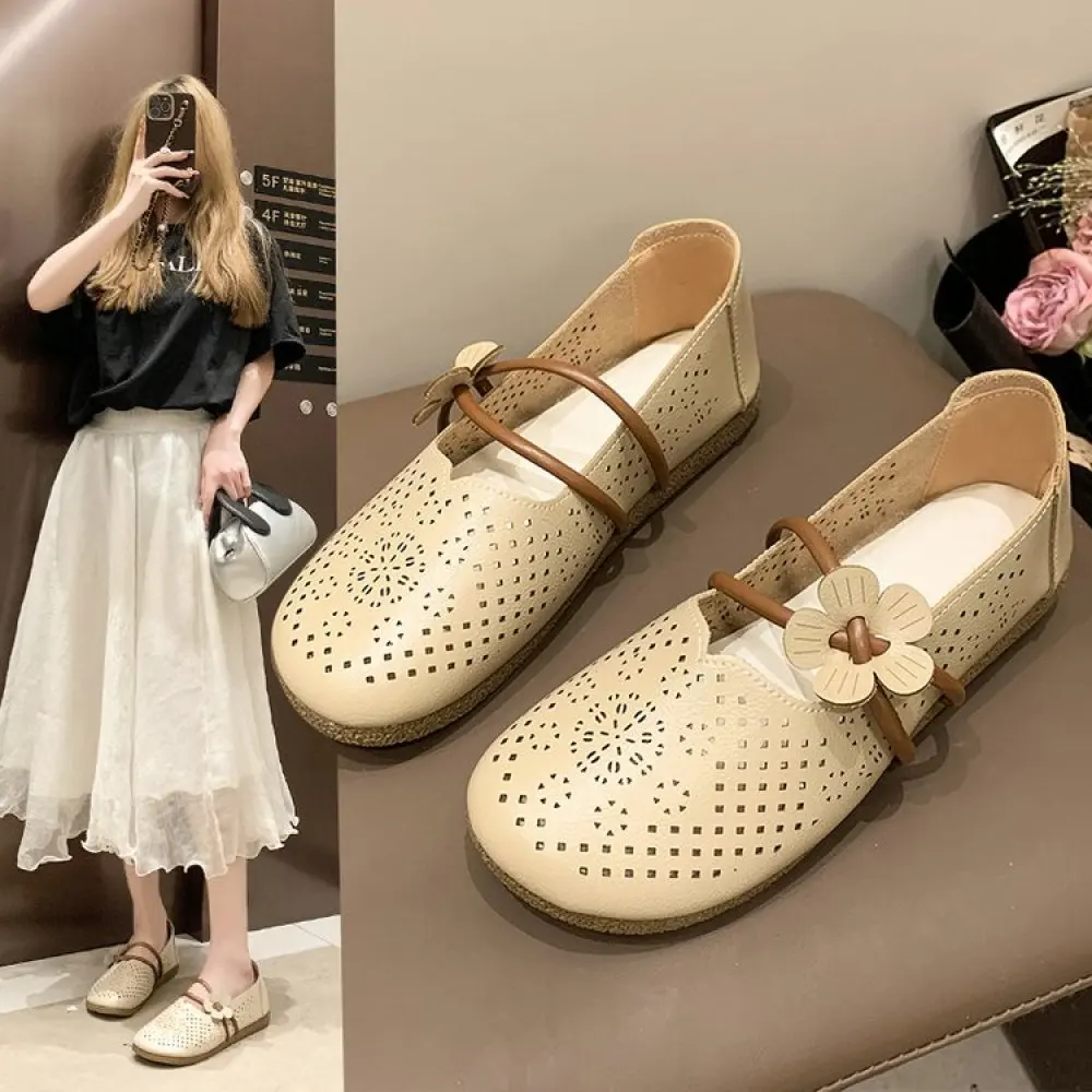 

Korean Shoes Casual Female Sneakers Square Toe Soft Dress Flats Women 2024 New Summer Breathable Moccasin Fretwork Mary Janes So