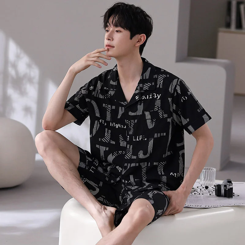 

Summer Pajama Men's Ice Silk Lapel Cardigan Short Sleeved Thin Casual Simple Man Sleepwear Loose Fitting Home Clothes Pyjama Set