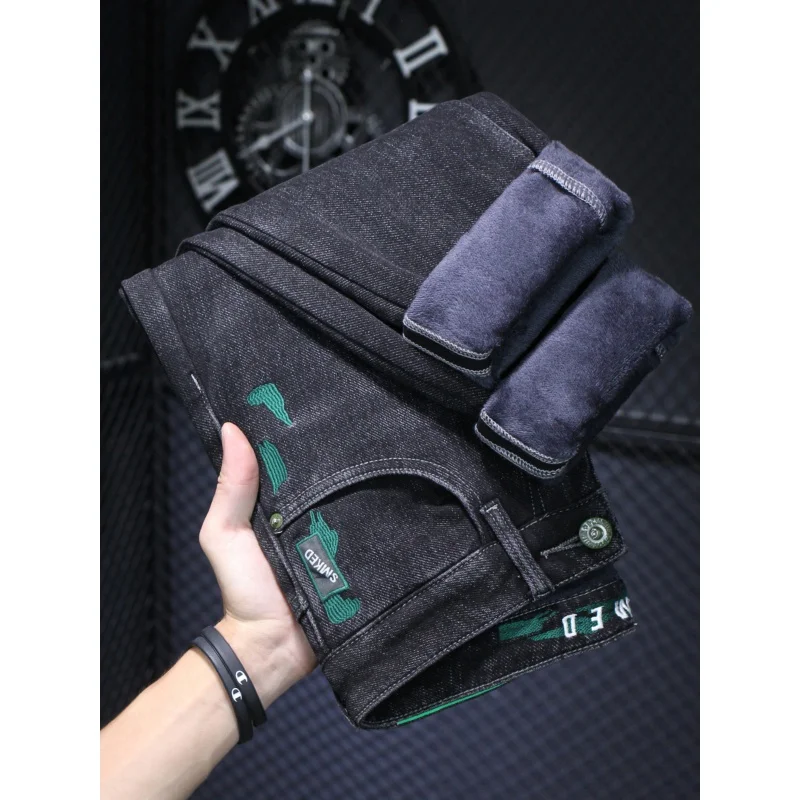 Winter Soft Fleece-Lined Thickened Jeans Men's High-End Personality Embroidered Slim Skinny Pants Warm Long Pants
