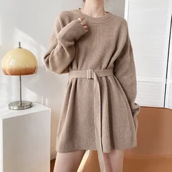 Women's Long Sweater Dress with Blet Thick O Neck Knitted Pullovers Lady Korea Fashion Oversize Sweater Women Autumn Winter