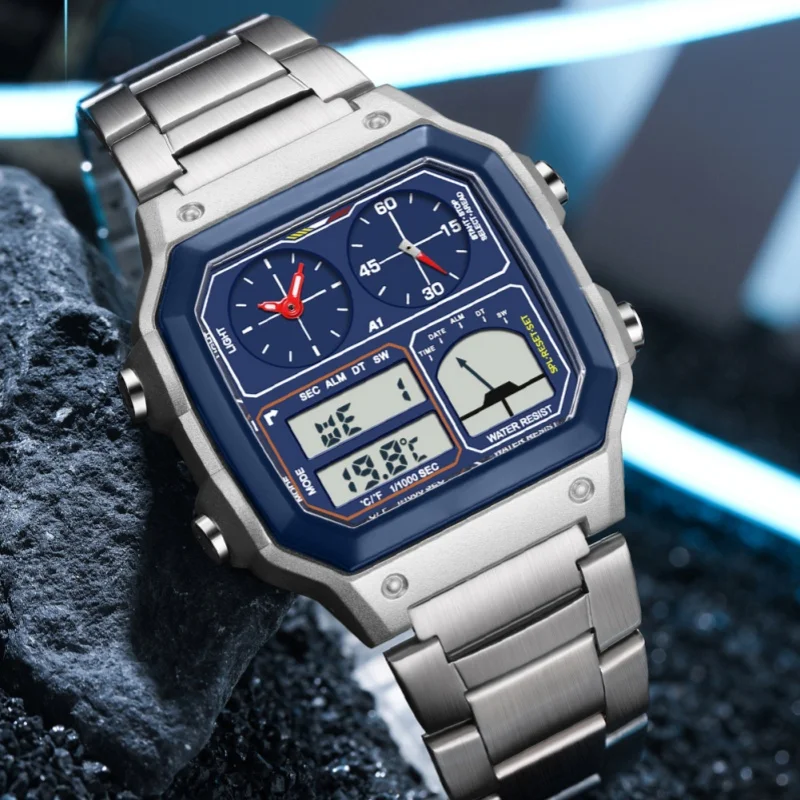 SANDA 6257 Orologio elettronico da uomo Calendario della moda Luminoso cinturino in acciaio inossidabile impermeabile Sveglia Orologi digitali sportivi