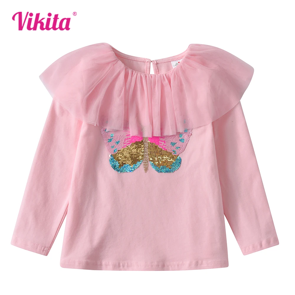 VIKITA Girls Butterfly Sequined Appliqued T Shirt Kids Pink Long Sleeve Cotton Casual Princess Tops and Tees Kids Clothes 3-8Y