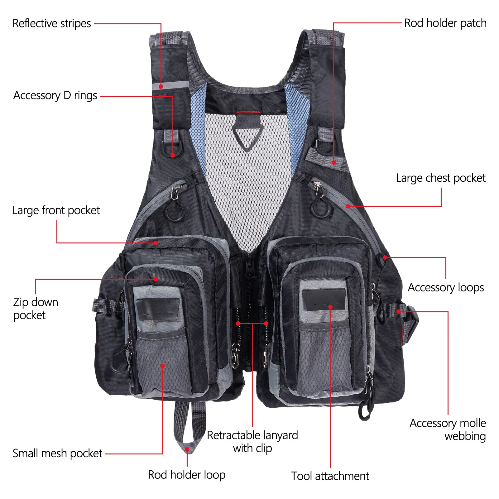 BASSDASH Fly Fishing Vest with Pockets Adjustable Size for Men Women Bass Trout Fishing FV12