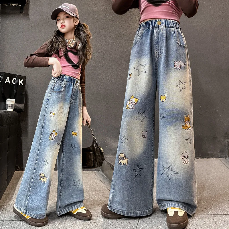 Girls Jeans Spring Autumn Cartoon Wide Leg Jeans for Teenage Kids Heavy Embroidery Star Loose Straight Leg Trousers for Children