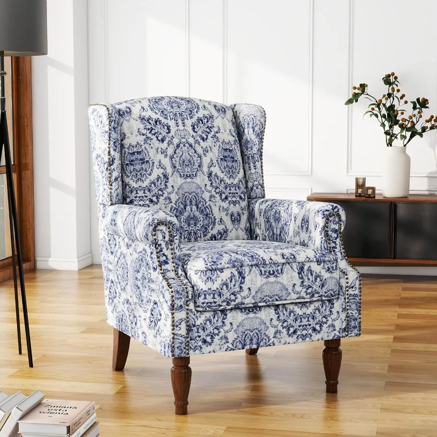 High Back Floral Accent Chair Fabric Upholstered Armchair for Living Room Retro Wingback Arm Chair with Solid Wood Legs ilhead