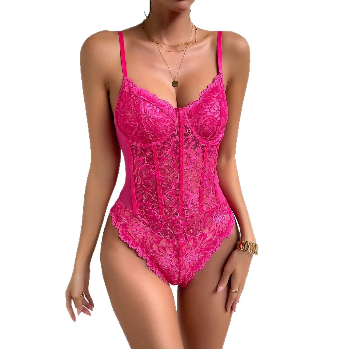 

Sexy Lace Trim Bal Slimming One-Piece Suit for Women High Waist Thin Wool Blend Wide Leg Pants Versatile Summer Trend