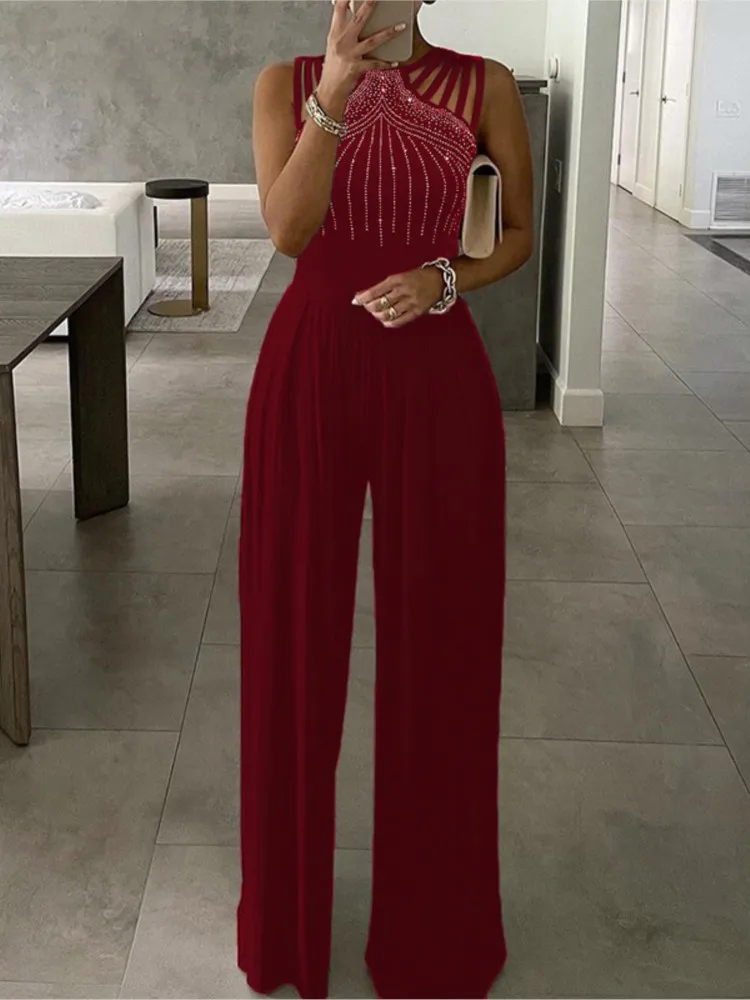 Women's Diamond Printed Jumpsuit Hollowed Out Sleeveles Shoulder Length Waist Up Spring Summer Wide Leg Sparkling Jumpsuits