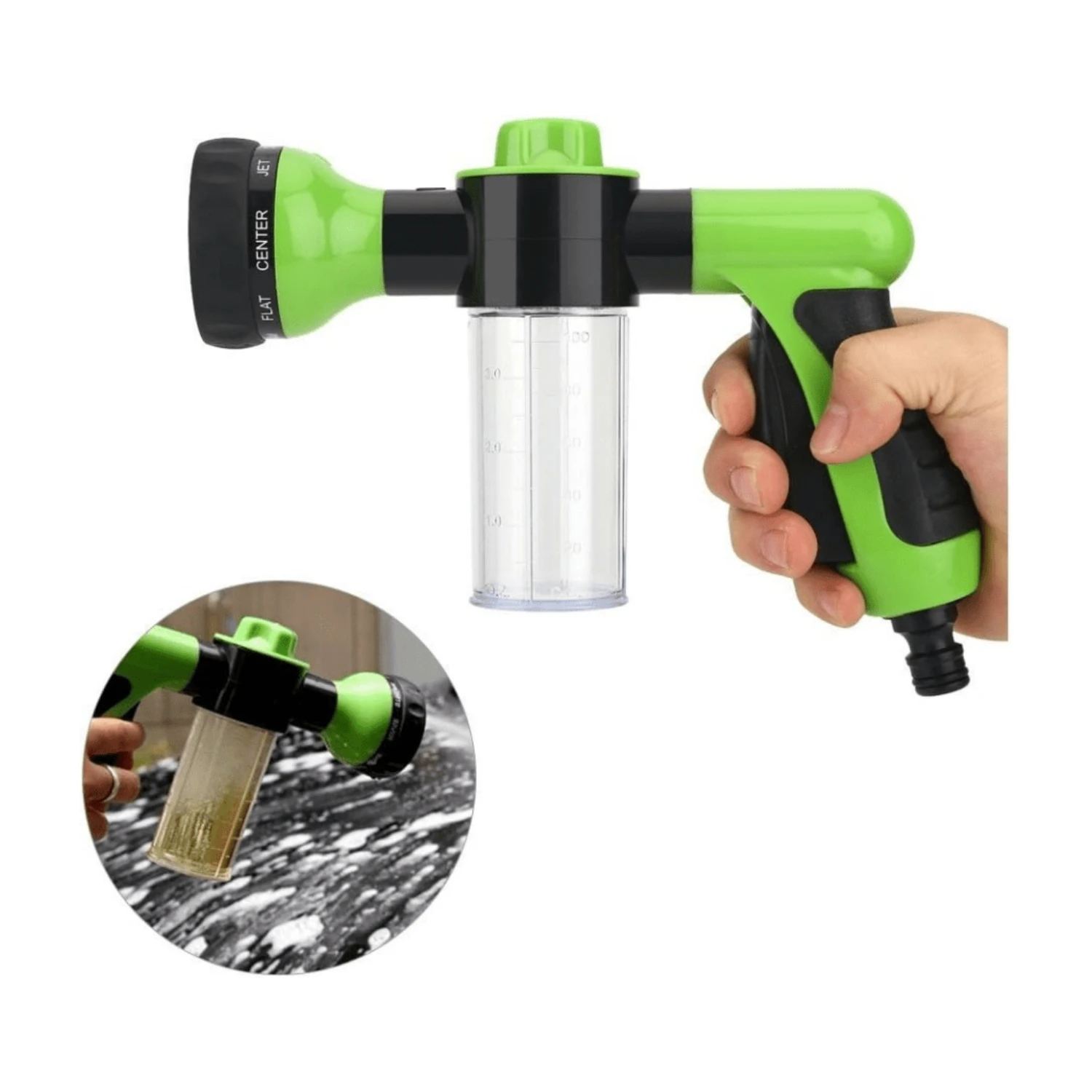 

High-Pressure Hose Foam Sprayer, 8 Watering Patterns Nozzle with Soap Dispenser for Car Wash, Pet Shower, Plant Watering - Green