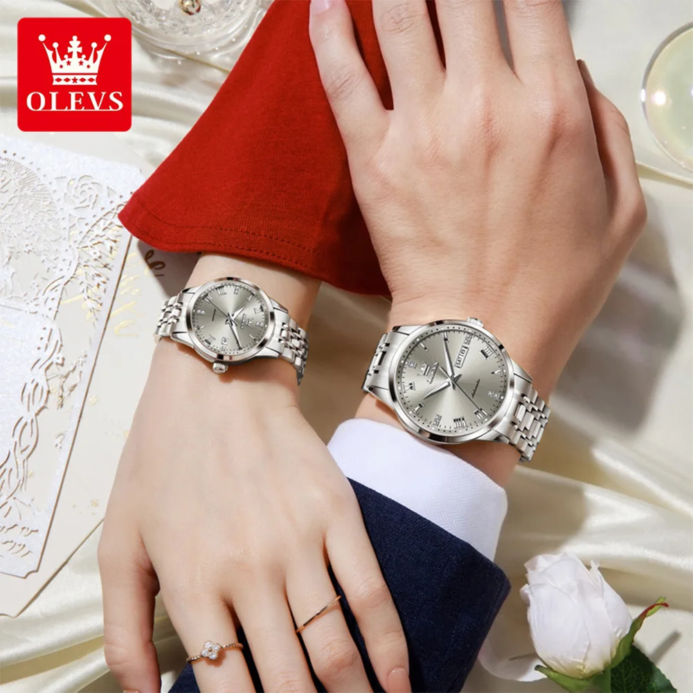 ساعات OLEVS للأزواج كاجوال عصرية من الفولاذ الناعم الأصلي ساعة يد ميكانيكية أوتوماتيكية لمحبي مقاومة للماء وأسبوع التاريخ المضيء